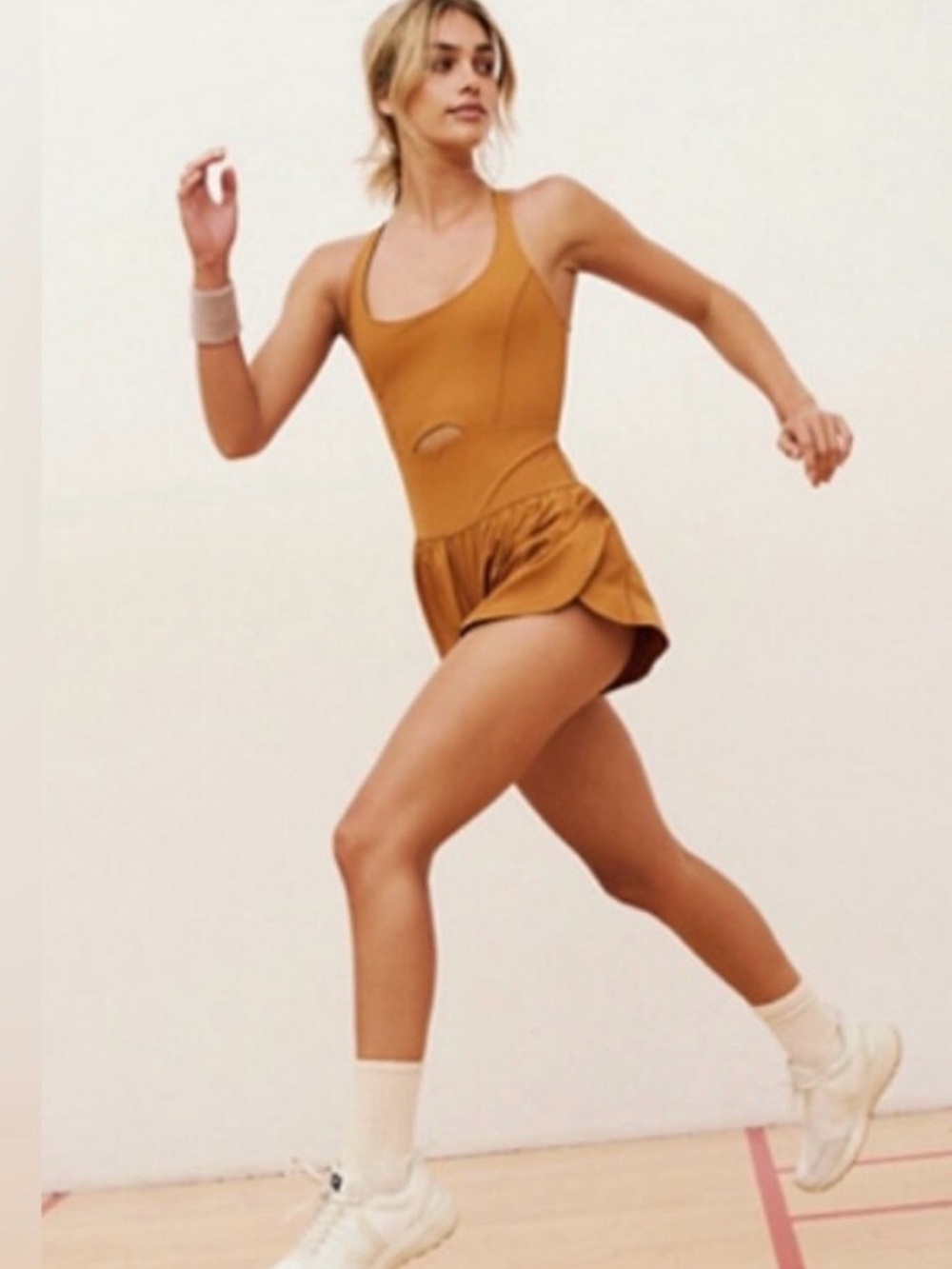 Free People Righteous Runsie Mustard Yellow Athletic Dress Romper Size Medium